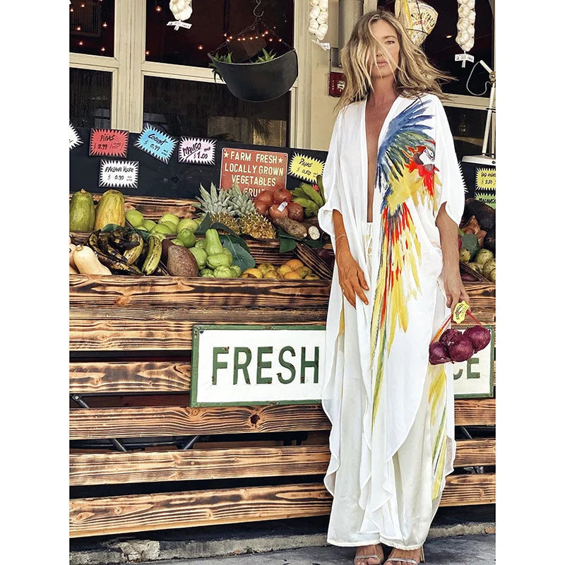 Bohemian Dress Chiffon Bikini Cover up Kaftan White Dress Swimsuit Cover up
