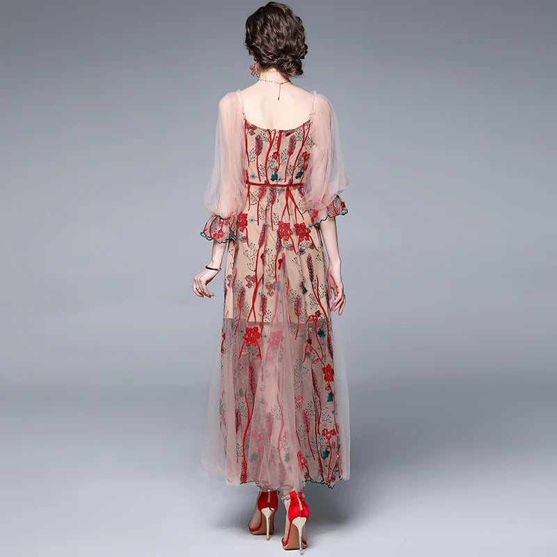 High-end Bohemian Embroidery Flower Dress Women Off Shoulder Spaghetti Strap Maxi