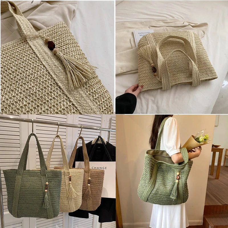 Large Capacity Weave Tote Summer Beach Straw Handbag Bohemian Shoulder Bag