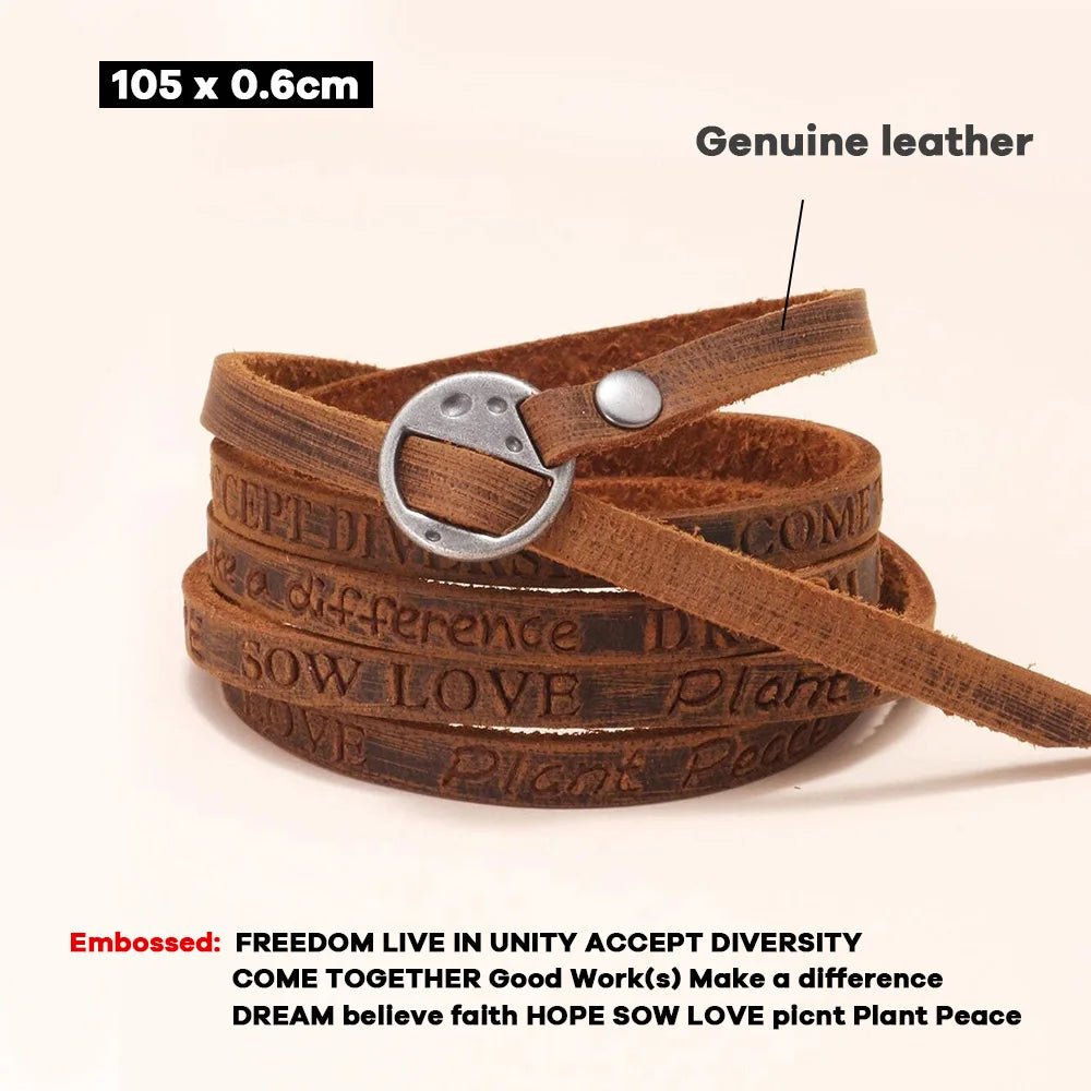 Vintage Bohemian Style Jewelry Genuine Leather Bracelet Embossing Letter