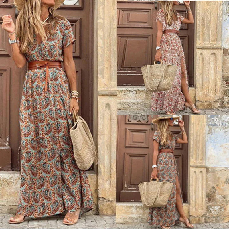 Bohemian V-neck Short Sleeved High Dress With Belt