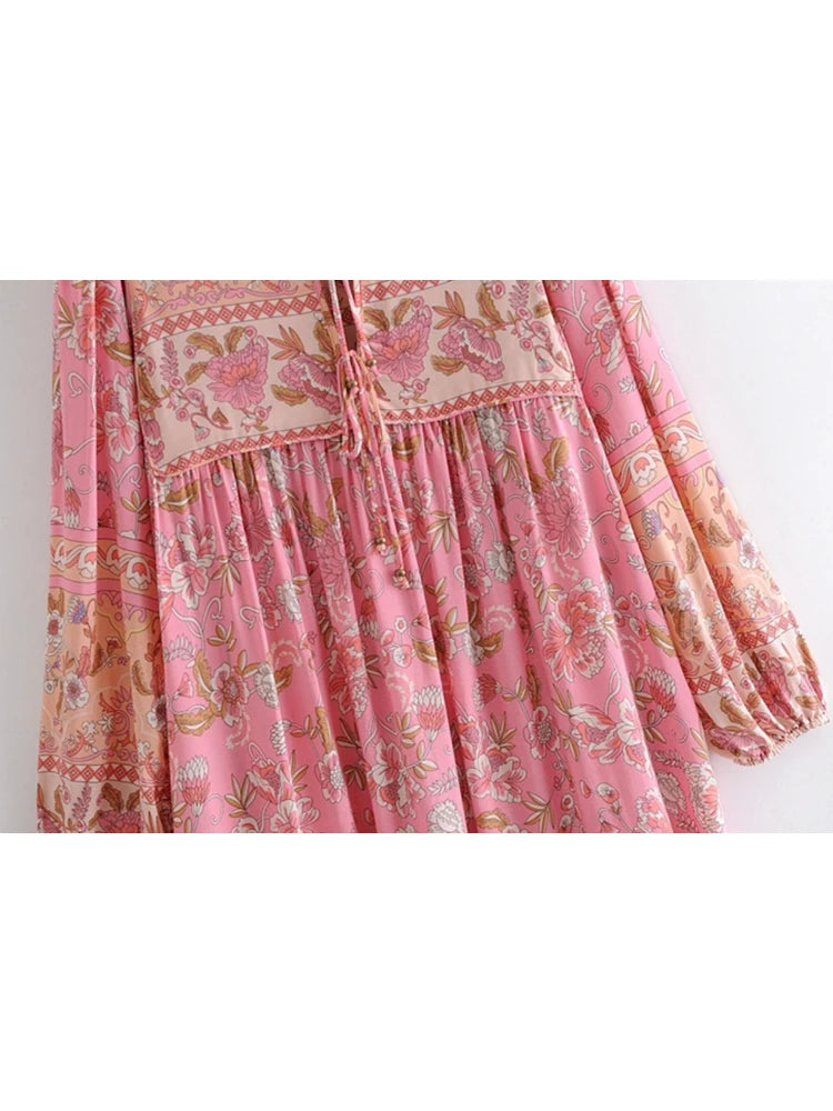 Hippie Women Neck Tie Floral Print Beach Bohemian Maxi Dresses