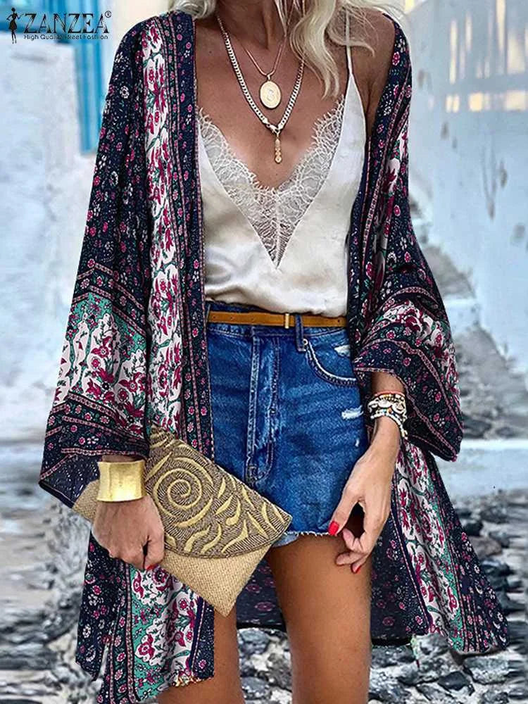 Women Cardigan Summer Open Front Bohemian Floral Printed Kimono