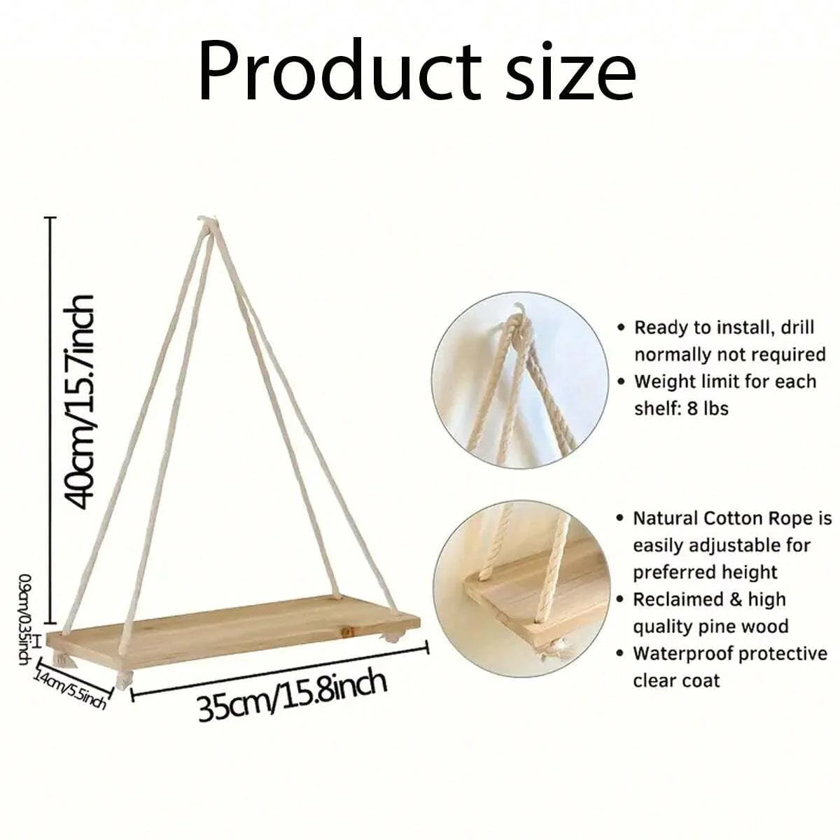 1PC Wooden Swing Hanging Hemp Rope Wall Shelve Mounted Floating