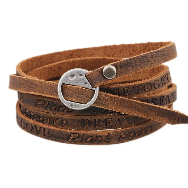 Vintage Bohemian Style Jewelry Genuine Leather Bracelet Embossing Letter