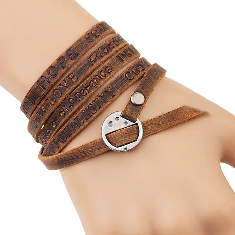 Vintage Bohemian Style Jewelry Genuine Leather Bracelet Embossing Letter