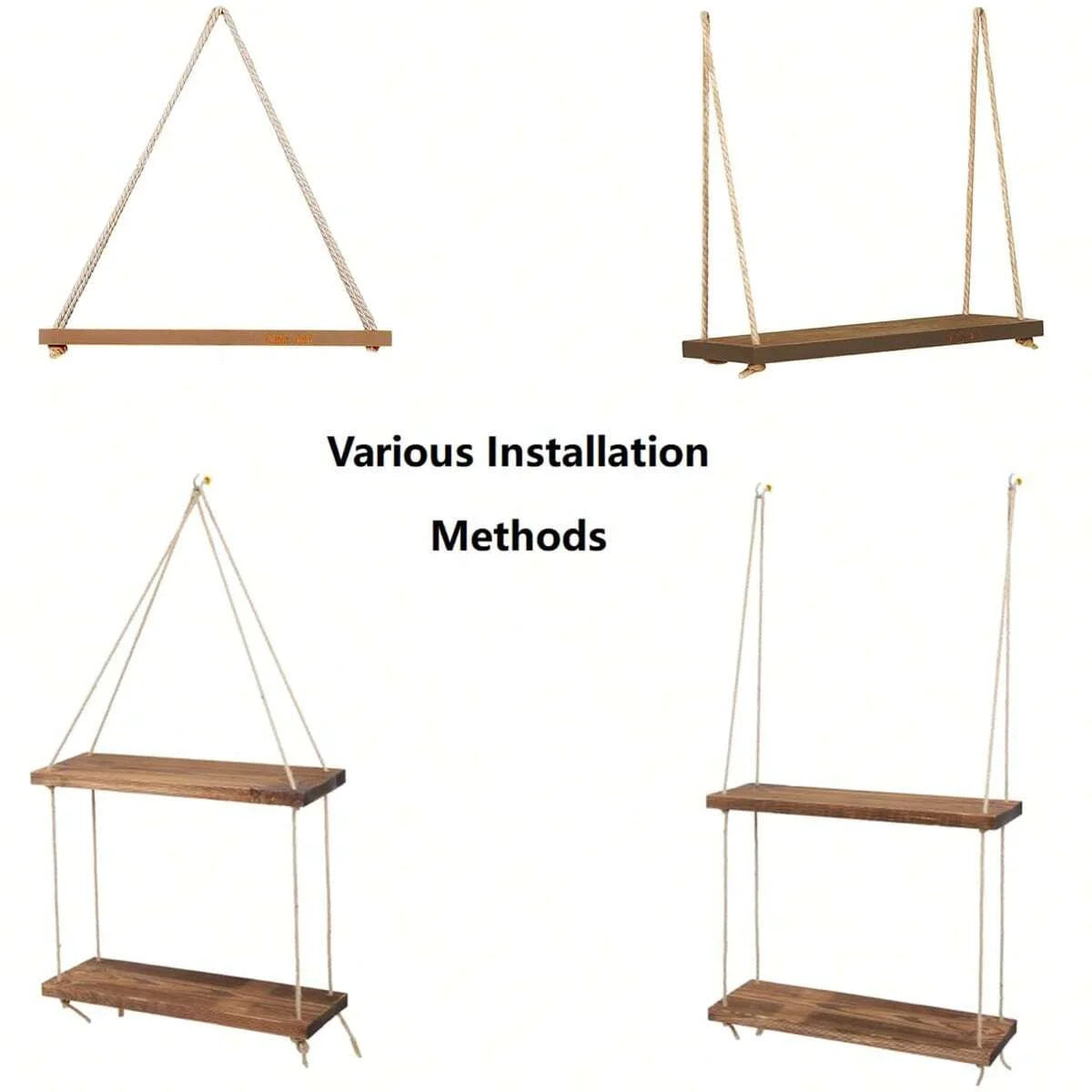 1PC Wooden Swing Hanging Hemp Rope Wall Shelve Mounted Floating