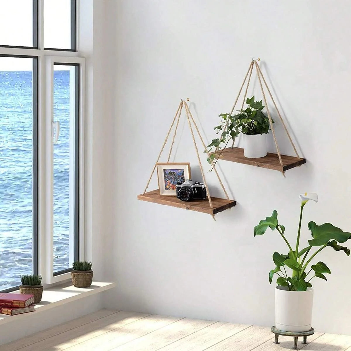1PC Wooden Swing Hanging Hemp Rope Wall Shelve Mounted Floating