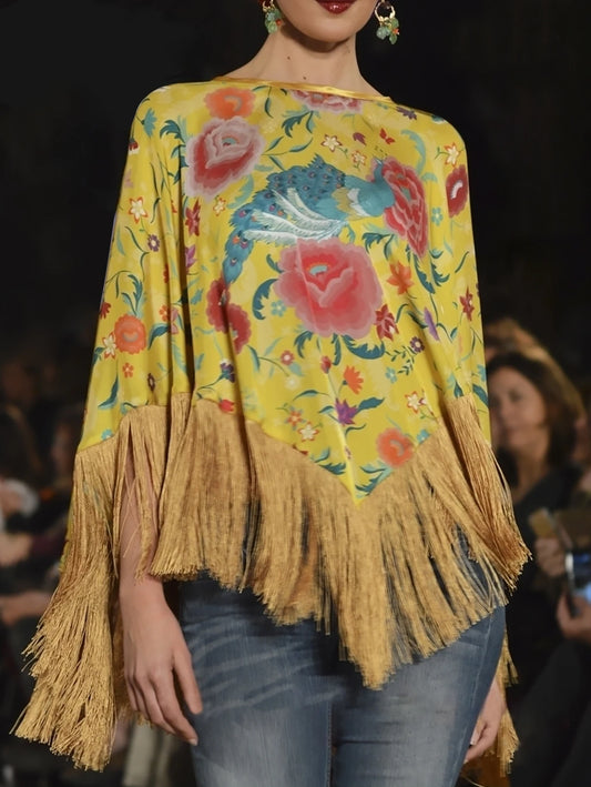 Women Vintage Floral Tops Elegant Pullover Oversize Cape Femme Bohemian