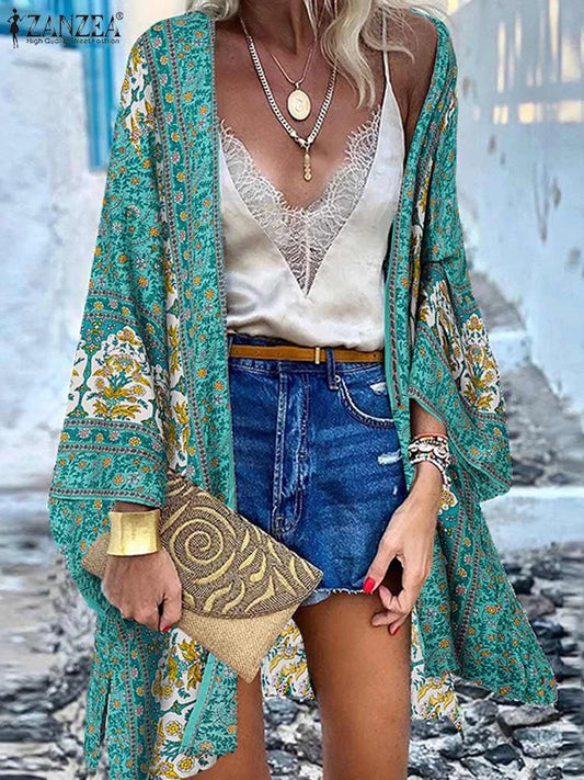 Women Cardigan Summer Open Front Bohemian Floral Printed Kimono