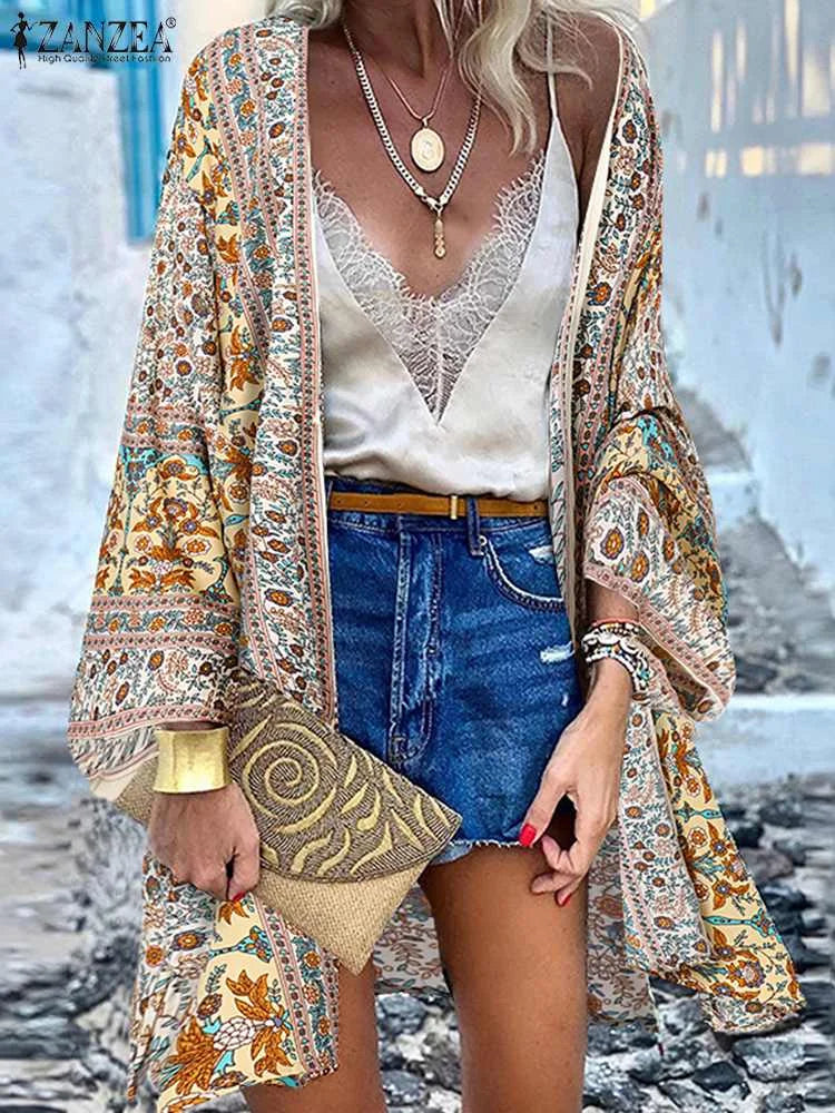 Women Cardigan Summer Open Front Bohemian Floral Printed Kimono